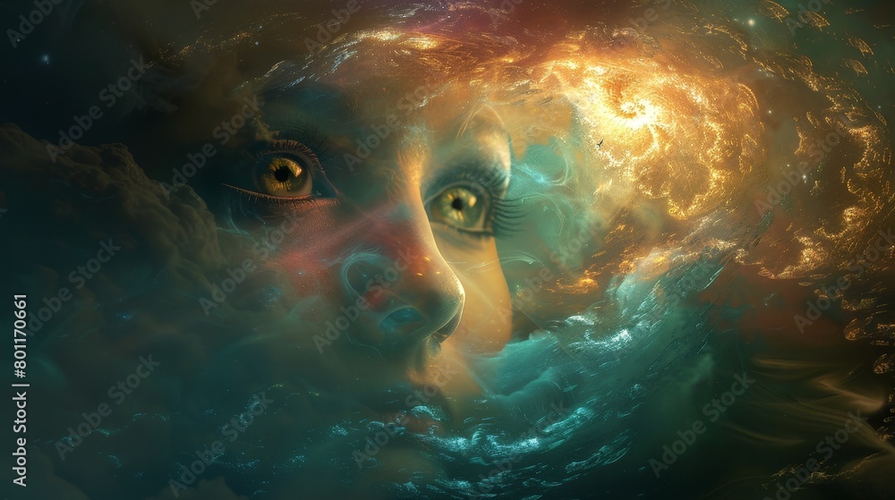 A woman's face emerges from a swirling nebula and galaxy. The ethereal image represents the connection between human consciousness and the vastness of the universe.