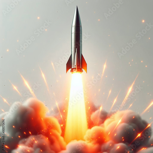 Rocket taking off into the sky. 3d rendering. Elements of this image furnished by NASA