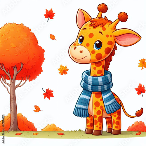 Cute giraffe in the autumn park. Vector cartoon illustration.