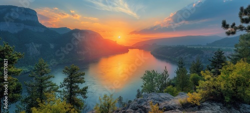 AI-generated Image: "Riverbend Sunset: Radiant Horizon Over Mountains"