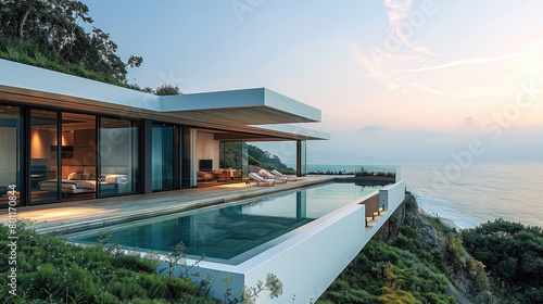A hilltop villa with views to the pacific ocean. Generative AI.