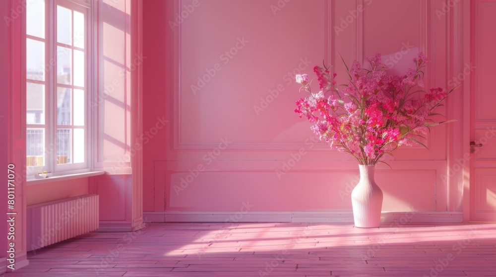 Fototapeta premium A pink room with a vase of flowers in front of a window