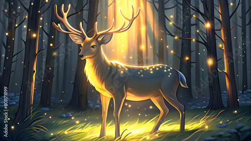 A deer with big horns standing at distance on golden and red flowered grass in a forest at night against the light rays of a moon