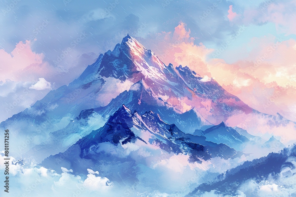 Bright pastel watercolor of a high mountain in clouds, hand drawn, serene nature scene and environment Bright pastel watercolor of a high mountain in clouds, hand drawn, serene nature scene and environment