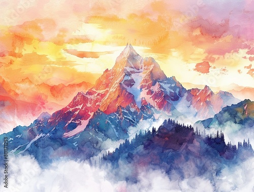 Hand drawn watercolor of a charming high mountain enveloped in clouds, bright pastels, serene setting