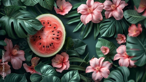   A watermelon sits amidst pink flowers and green leaves against a dark green backdrop