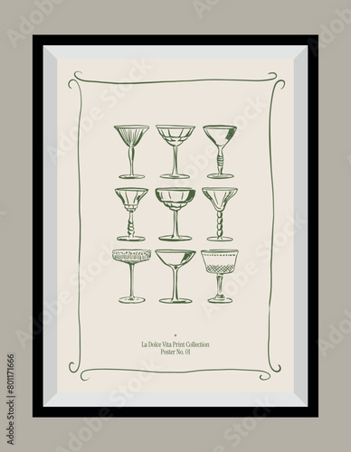 Minimal hand drawn vector wine illustration with aesthetic quote in a poster frame. Matisse style illustrations.
