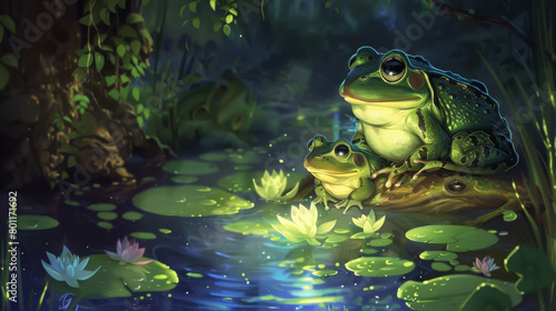 Two frogs on a log with water lilies in a serene nighttime setting with glowing light © Rajesh