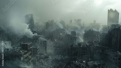 A cityscape in ruins  with smoke rising from the buildings. The sky is dark and ominous  and the air is thick with the smell of smoke and ash.