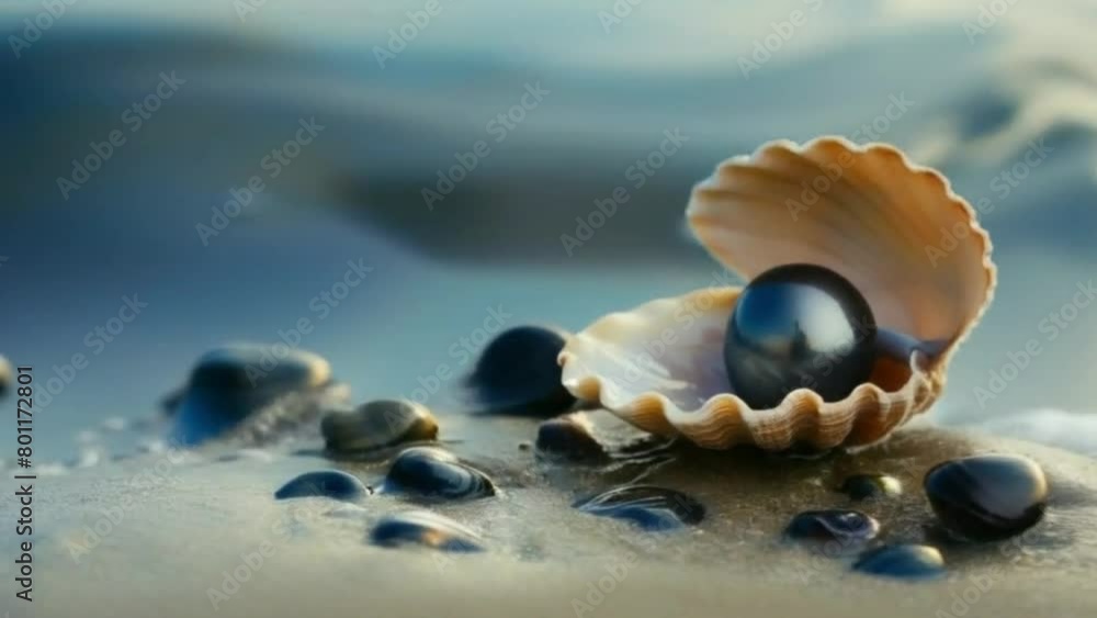 Black pearl in a seashell on the sand