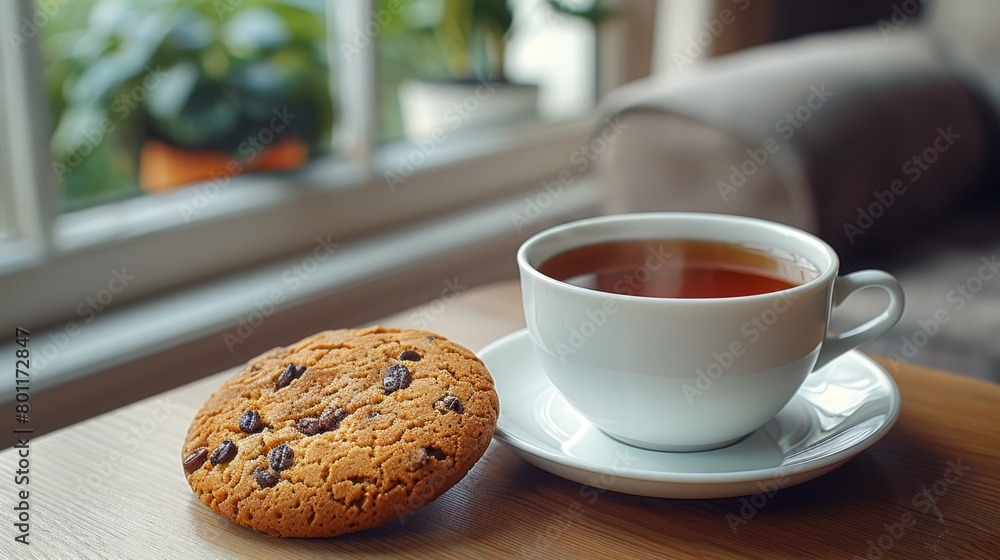 A cup of tea and a cookie rest on a table before a window, framing an outdoor view A cup of tea and a cookie rest on a table before a window, framing an outdoor view