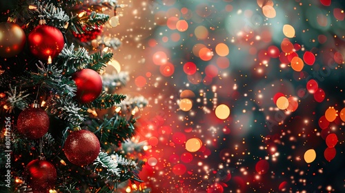 This is a picture of a decorated Christmas tree with red ornaments and a blurred background of twinkling lights.  