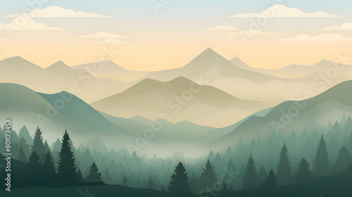 Morning Haze, Misty Hills with Spruce Trees. Realistic hills landscape. Vector background