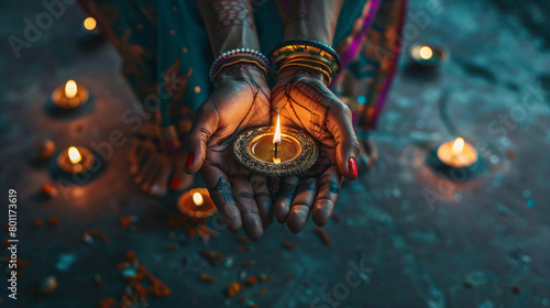Female hands with diya lamp for celebration of Divaly
