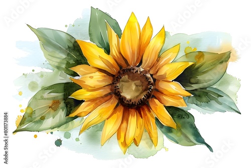 Vibrant Watercolor Sunflower Clipart: Bold Yellow Petals and Brown Center photo