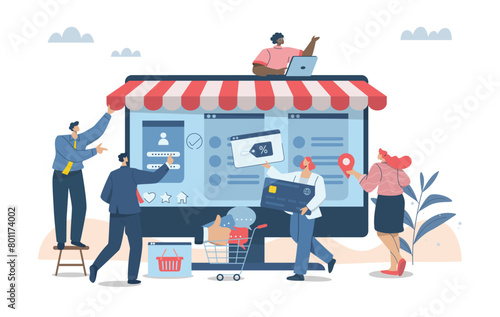 Website creation and web page design concept, Online shopping store concept creation, Website development, Business team working on developing web design for computer screen. Vector illustration.