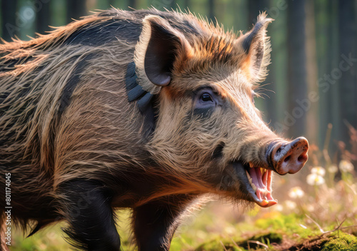 Wild boar walks in the autumn forest. Beautiful Animal in the Natural Habitat