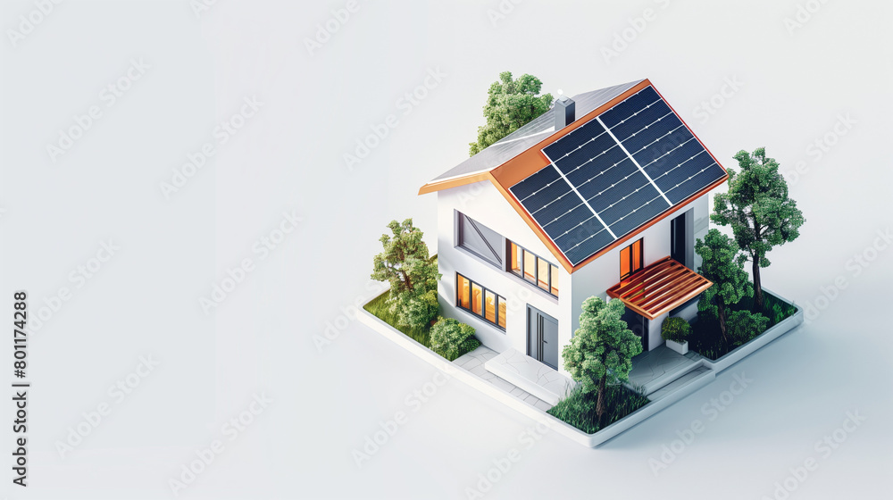 miniature house model with solar panels on roof with green plants isolated on white background miniature house model with solar panels on roof with green plants isolated on white background
