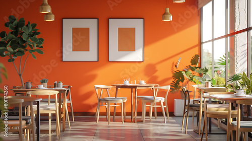 Bright color cafe interior with frame mockup