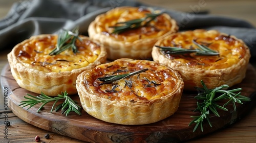   A small wooden plate holds mini quiche pies  each topped with melted cheese and garnished with a fresh sprig of rosemary