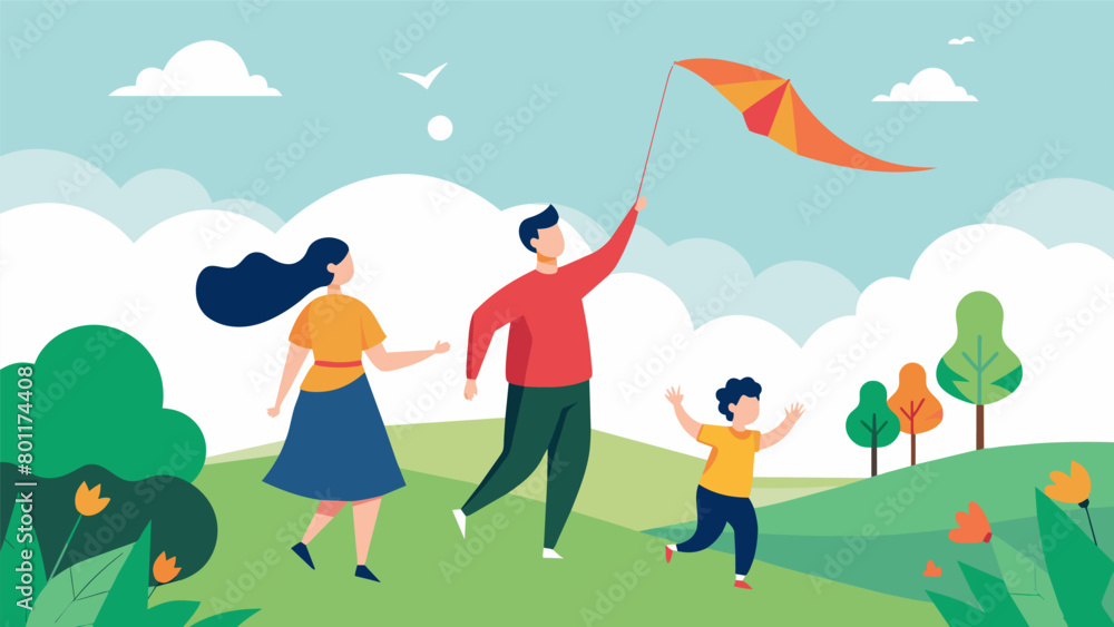 A family surrounded by nature reveling in the sense of freedom that comes with kite flying.. Vector illustration