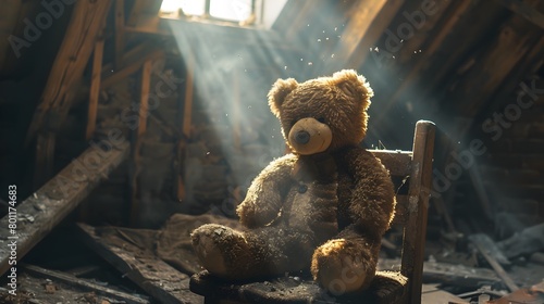 Worn-Out Teddy Bear's Forgotten Attic Reign Amidst Dust and Nostalgia photo