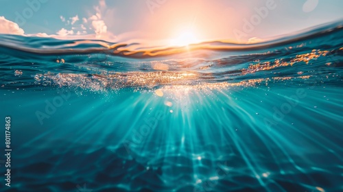 Majestic ocean with sun rays reflecting on clean, blue water, creating a stunning seascape photo