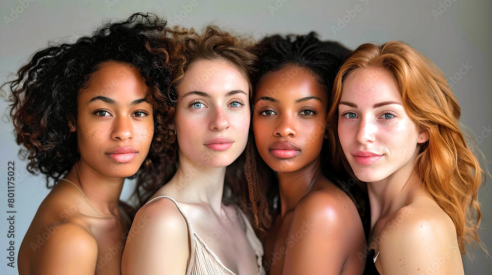 Obraz premium Portrait of four beautiful women of different ethnicities closely grouped together, symbolizing unity and diversity. 