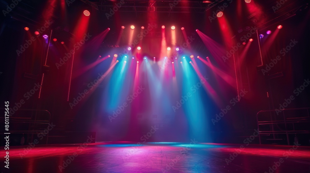 A purple spotlight shines on an empty stage with a circular platform.

