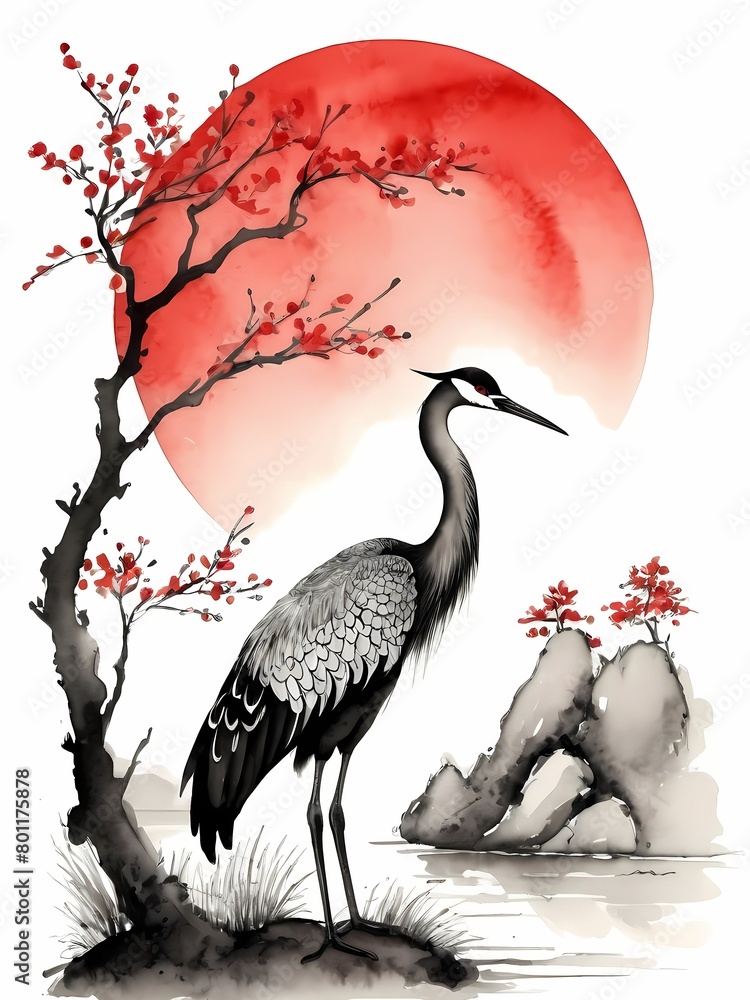 Obraz premium Shuimo hua,black and red ink, a crane in chinese style generative AI illustration
