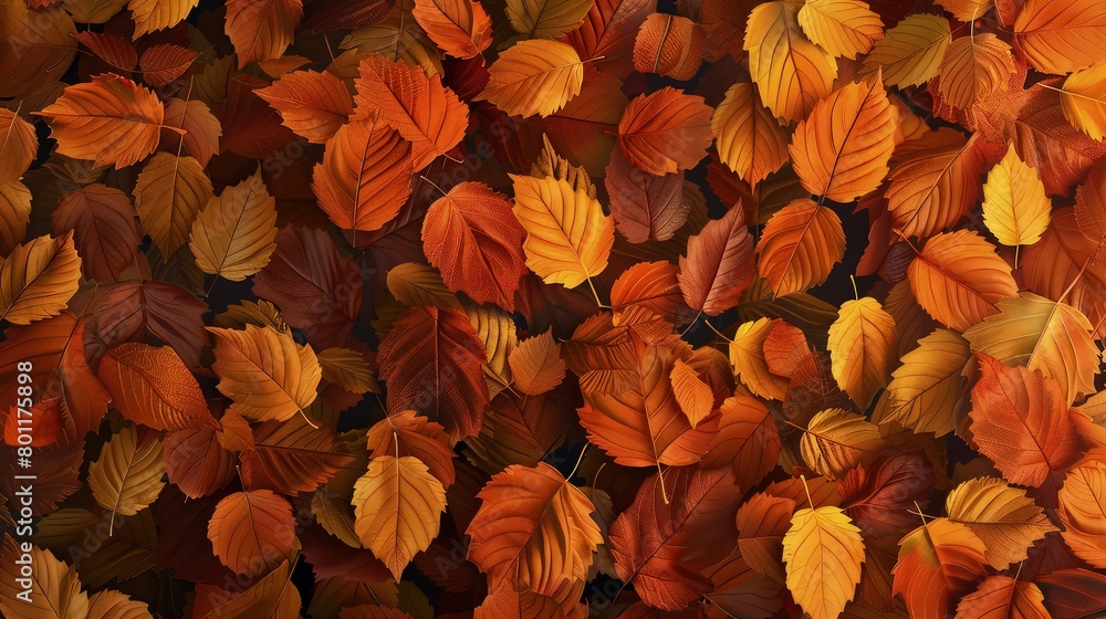 A full-frame, densely packed illustration of autumn leaves, with a few leaves caught in mid-air, giving the impression of a gentle fall breeze.