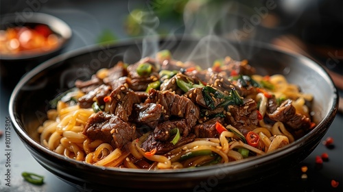Beef plate noodles with a dark background. Generative AI.
