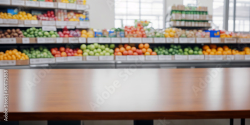 An empty brown wooden table inside a grocery store. Sharp focus on the table. Blurred soft slightly bokeh background with bright lights. © bagotaj