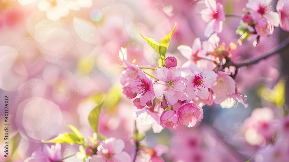 A close-up of a branch of cherry blossoms with a blurred background.

