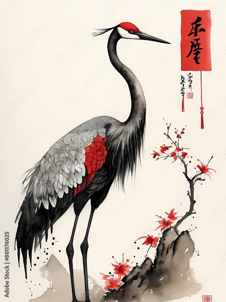 Fototapeta premium Shuimo hua,black and red ink, a crane in chinese style generative AI illustration