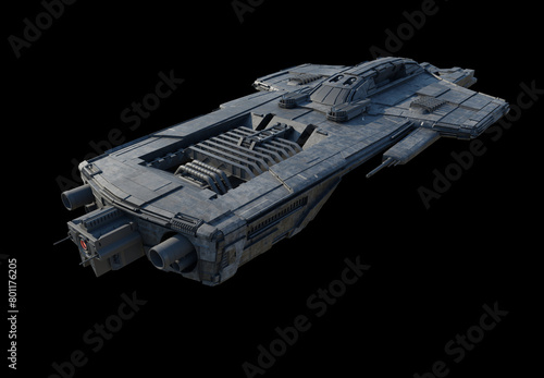 Large Spaceship Gunship Isolated on a Black Background - Top View, 3d digitally rendered science fiction illustration