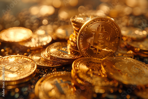 Bitcoin Cryptocurrency represented as Gold Coins. Digital Investing Background. 3D Render, 3d, illustration