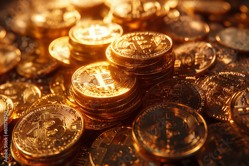 Bitcoin Cryptocurrency represented as Gold Coins. Digital Investing Background. 3D Render, 3d, illustration