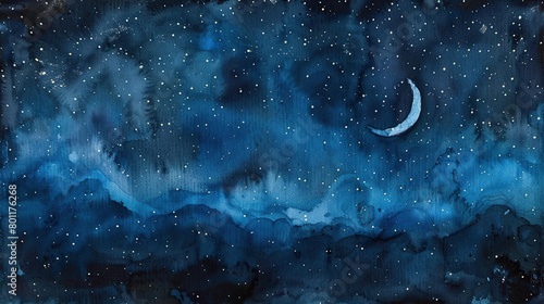 This is a watercolor painting of a full moon in a starry night sky.
