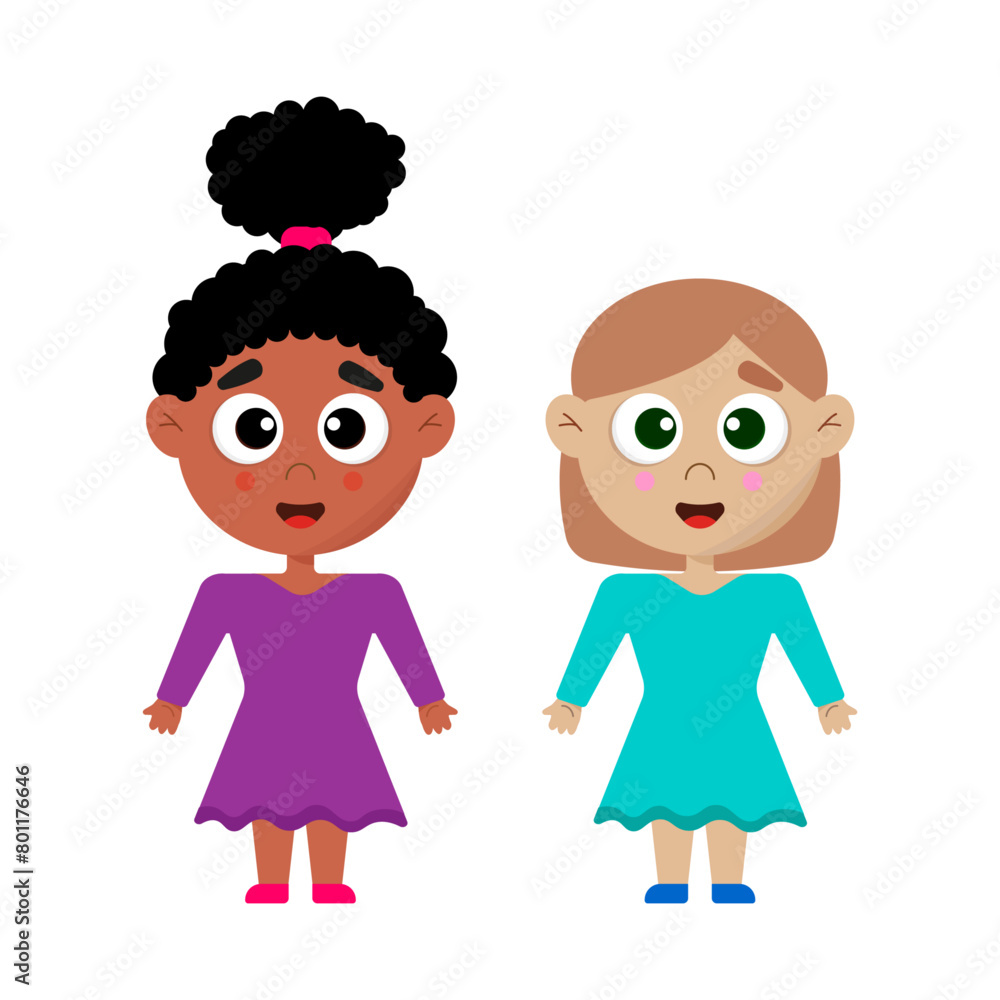 Illustration depicting two girls in dresses on a white background. One girl is African American and the other is fair skinned. Illustration depicting two girls in dresses on a white background. One girl is African American and the other is fair skinned.