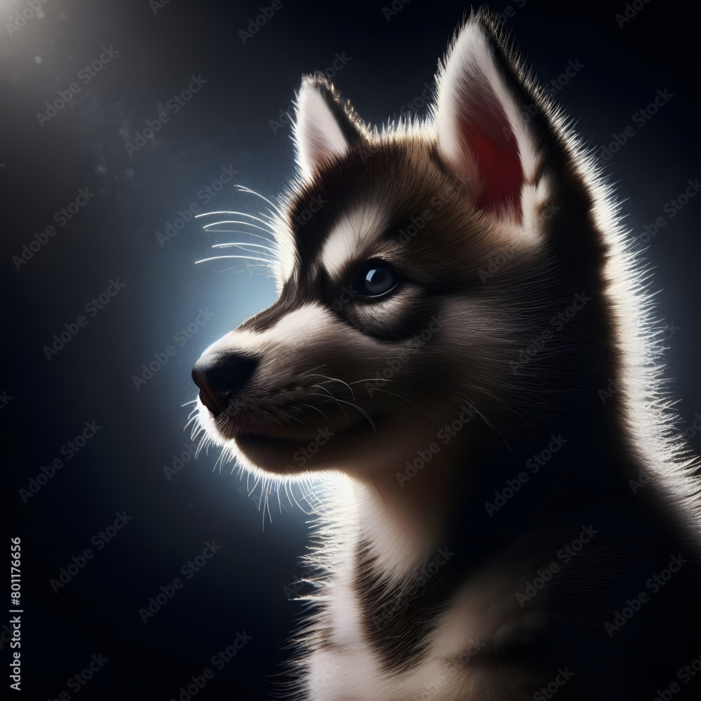 Obraz premium A husky puppy,well highlighted coat on a dark background. Close-up