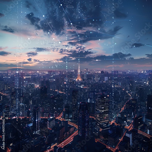 The image is of a futuristic city at night. There are many tall buildings and a lot of lights. There are also some clouds in the sky and a few stars.