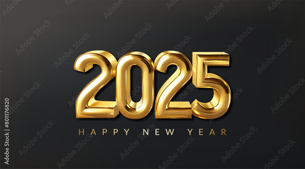 Happy New Year 2025 greeting card. Golden realistic metallic numbers 2025 with shadow.