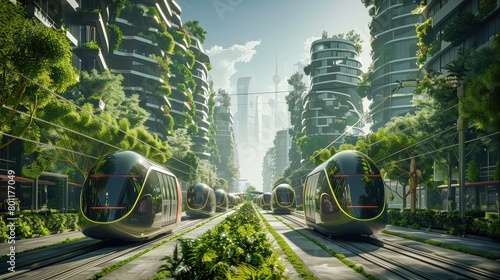 A futuristic vision of green cities, with public transportation systems that produce zero emissions, buildings that purify the air, and streets lined with trees and plants.  photo