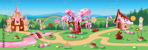Cake castle, candy tree and gingerbread house in candy land. Confectionery. Fairytale land sweet background. Vector illustration.