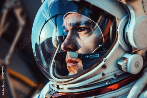The close up picture of the astronaut wearing the space suit and helmet for life support in space and the protection from the radiation, extreme temperature, extreme pressure and space debris. AIG43.