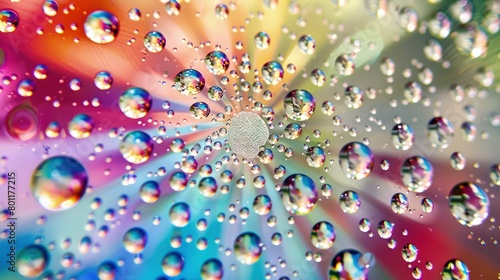 A glass canvas showcasing a radial burst of rainbow colors  ingeniously blurred to create a backdrop for an array of pristine water droplets.