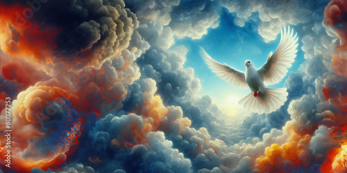 oil painting style illustration of a peaceful white dove gracefully flying in the sky, among clouds, God's messenger, peace in the world, forgiveness, faith and hope