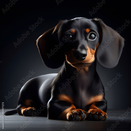 Dachshund puppy well highlighted coat on dark background. Close-up © beldesigne
