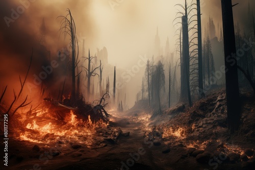 A forest landscape filled with burnt trees, aftermath of a destructive wildfire leaving charred remains scattered throughout the area. Generative AI photo